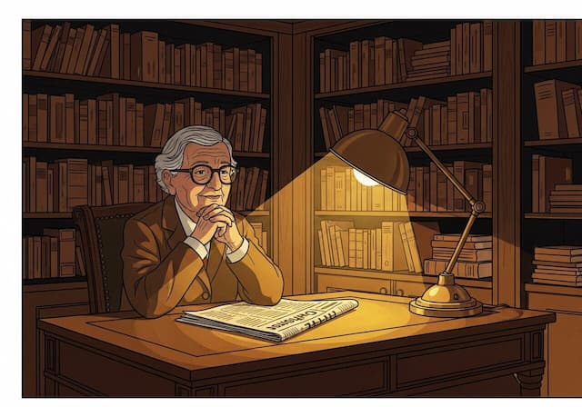 Distinguished person in a study with books and warm lamp light