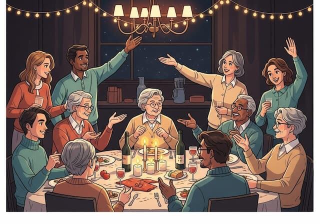 Bitcoin family dinner party — multigenerational conversation about Bitcoin with everyone talking animatedly