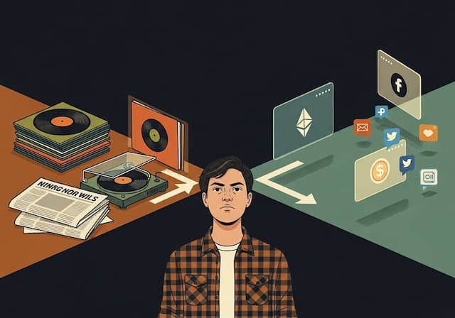 Gen X figure in flannel at a crossroads between analog and digital worlds