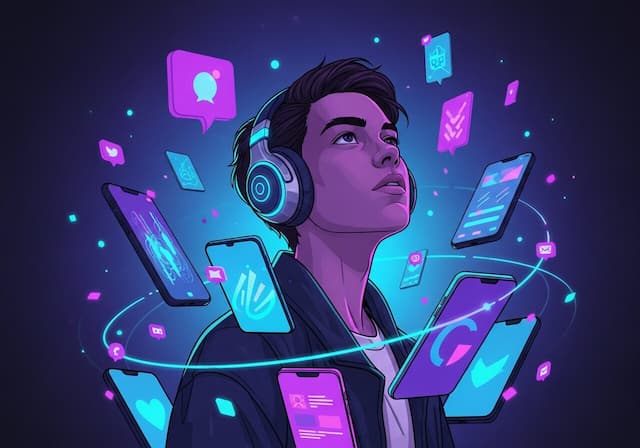 Gen Z digital native surrounded by floating screens and notifications