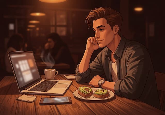 Millennial in a coffee shop with laptop and avocado toast