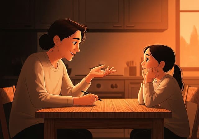 Parent and child sharing a moment of learning at the kitchen table